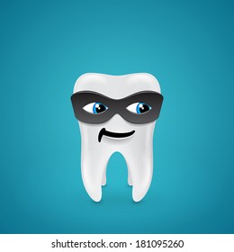 Human tooth in black mask on blue background