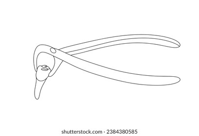 Un diente humano está atado en los fórceps dentales. Eliminación de un diente. Un dibujo de línea para diferentes usos. Ilustración vectorial.