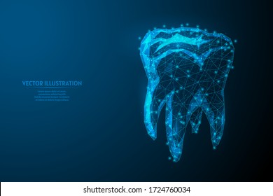 Human tooth close up. Model organ anatomy. Orthodontics, stomatology. Tooth treatment concept, oral care brushing. Innovative medicine and technology. 3d low poly wireframe isolated vector illustratio