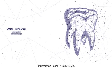 Human tooth close up. Model organ anatomy. Orthodontics, stomatology. Tooth treatment concept, oral care brushing. Innovative medicine and technology. 3d low poly wireframe vector illustration.