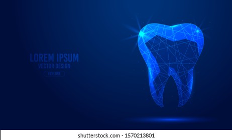 Human tooth, dental implant geometric lines, low poly style wireframe vector banner template. Isolated medicine science technology concept blue background polygonal 3d abstract.