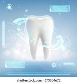 Human Tooth. Digital HUD Infographics. Scientific Futuristic Background With Dashboard. Whitening And Treatment. Stock Vector Illustration.