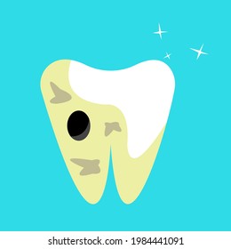 human tooth divided into cleaned part and unkempt object on blue background dentistry concept