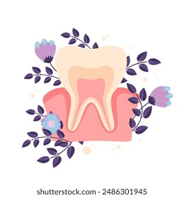 Diente humano en encía con flores silvestres y decoración de plantas de verano, parte del sistema digestivo. Carta de anatomía médica dental con patrón floral para estudiar la estructura dental de la Ilustración vectorial de dibujos animados