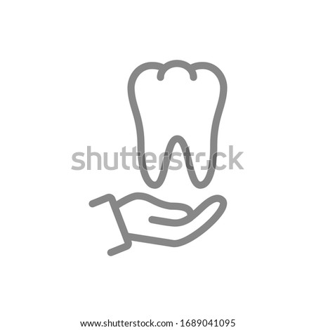 Human tooth on hand line icon. Healthcare, medical treatment, disease prevention symbol