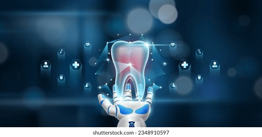 Human tooth organ inside cube float in doctor robot hand on hospital background. Health care system innovative technology medical futuristic AI artificial intelligence cybernetic robotics. Vector.