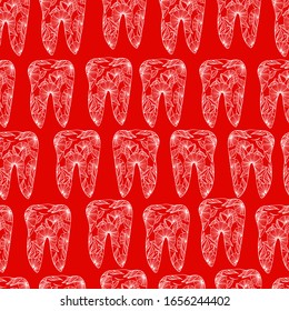 Patrón dental humano. Diente dibujado a mano con flores, mandíbula sana. naturaleza virgen, conservación de la naturaleza. Producción ecológica, planeta. Libro de colorantes antiestrés para niños. ilustración en blanco