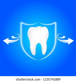 Human tooth protected from bacteria by shield  protection. Icon design. Dental care concept, illustration.