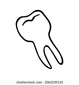 A human tooth with a root. A tooth pulled out. A primitive hand-drawn cartoon vector illustration in the style of a doodle. For coloring books, medical clinics, postcards and posters for Halloween.