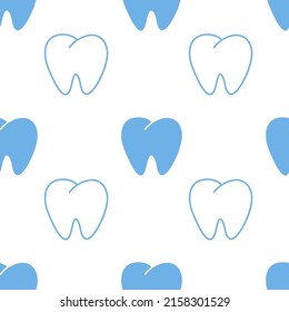 Human tooth seamless pattern. White tooth stroke blue background for dentist and dental clinic