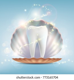 Human tooth in a seashell. Dental implant and treatment. Stock vector graphics.