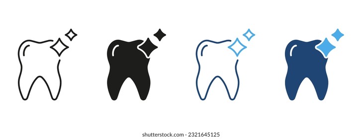 Human Tooth Shine Line and Silhouette Color Icon Set. Oral Hygiene, Shiny Clean Teeth Pictogram. Dental Treatment Symbol Collection on White Background. Dentistry Sign. Isolated Vector Illustration.