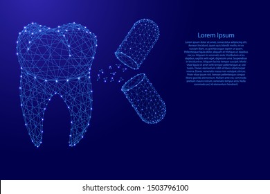 Human tooth and the substance of the open capsules pills treatment therapy cure existing medical concept from futuristic polygonal blue lines and glowing stars for banner. Vector illustration.