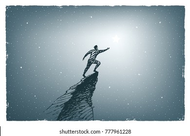 Human at the top of the mountain wants to reach the big star. Vector concept art illustration, hand drawn sketch.