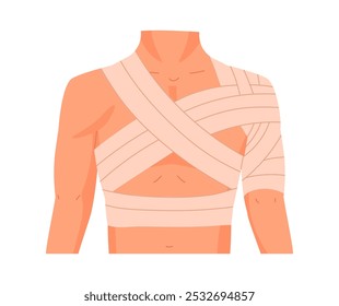 Vendaje del torso humano. Vendaje médico de dibujos animados, tratamiento de emergencia para dislocaciones, esguinces y daño de tendones conjunto de Ilustración vectorial plana. Vendajes de partes del cuerpo lesionadas