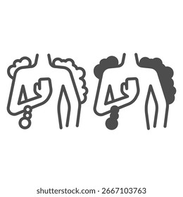 Menschlicher Rumpf und Hand in Seifenschaum Linie und solides Icon, Körperhygiene-Konzept. Vektorgrafiken. Rumpf in Seifenblasen, Duschschild auf weißem Hintergrund, Umrissstil-Symbol für Mobil- oder Webdesign