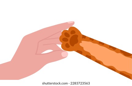 Human touch cat paw. Pets adoption concept, protection and humanity. Flat animal and person relationship, friendship and rescue decent vector banner