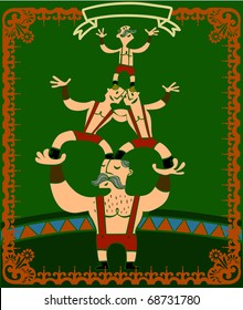 Human Tower of four acrobats in a circus, with a border