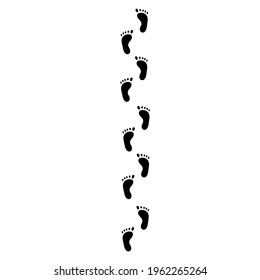 Human tracks, footprint. Trace steps imprints isolated on white. Trails, foot silhouette print. Vector flat illustration for children book. Black and white.
