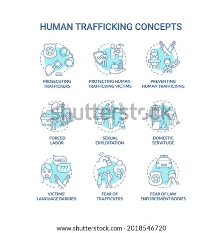 Human trade blue concept icons set. Human trade and slavery idea thin line color illustrations. Sexual exploitation. Victims psychological problems. Vector isolated outline drawings. Editable stroke