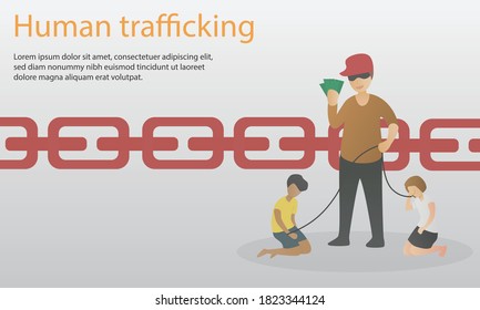 human trafficking concept,The thief kidnapped a child for ransom in exchange for their release,Children, women tied with ropes are victims,Violence,Slavery, Labor,Vector illustration.