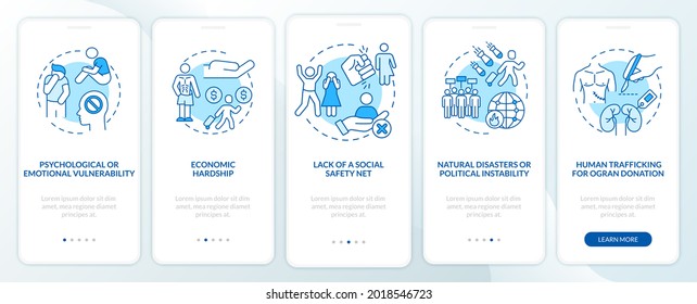 Human trafficking factors onboarding mobile app page screen. Factors of human trade walkthrough 5 steps graphic instructions with concepts. UI, UX, GUI vector template with linear color illustrations