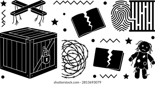 Human Trafficking and Kidnapping Concept Icon Set Featuring Locked Wooden Crate, Barbed Wire, Broken Control Strings, Ripped Doll, and Fingerprint Maze Vectors.eps