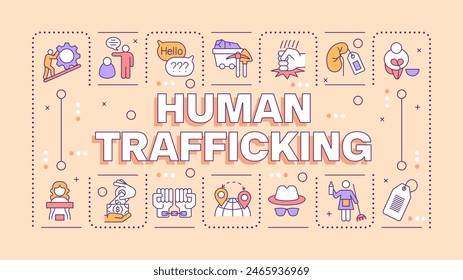 Human trafficking orange word concept. Forced labour. Modern slavery. Illegal activities. Typography banner. Vector illustration with title text, editable icons color. Hubot Sans font used