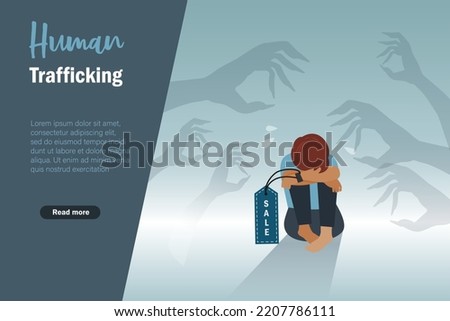 Human Trafficking, and violence against child concept. Abused kid crying loneliness with sale tag label on hand among evil hands around.