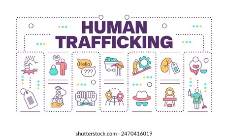 Human trafficking word concept isolated on white. Forced labour. Modern slavery. Illegal activities. Creative illustration banner surrounded by editable line colorful icons