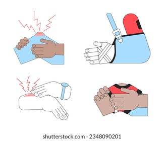 Objeto vectorial aislado de color de línea plana de traumas humanos. Heridas en brazos y piernas. Imagen editable de imágenes prediseñadas sobre fondo blanco. Dibujo gráfico de esquema simple para diseño web