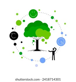 Humano, árbol y aire. Ecosistema, biosimbiosis. Ilustración plana moderna. Archivo vector.