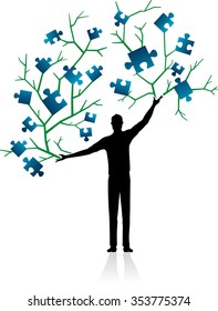 Human Tree Growing Solutions-Conceptual illustration of a male silhouette holding out his arms with jig saw puzzles