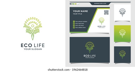 Árbol humano en estilo de arte lineal y diseño de tarjetas de visita. Ilustración del logotipo Eco life Vector Premium