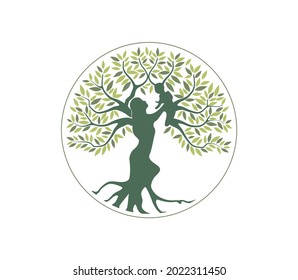 human tree logo, family tree with a a mother lifts her baby high concepts.