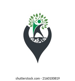 Human Tree Roots And Gps Icon Logo Design. Human Tree And Gps Symbol Icon Logo Design.