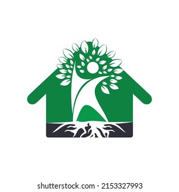 Human Tree And Roots Home Shape Logo Design. Human Tree House Symbol Icon Logo Design