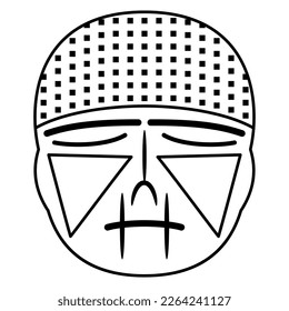 Human trophy head mask from Nazca, Peru. Native American Indian art. Stylized human face. Black and white linear silhouette.