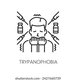 Human trypanophobia phobia icon, mental health. People psychology, fear of needles problem or mental disorder line vector sign. Human phobia thin line symbol or icon with scared man and syringes