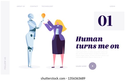 Human Turn on Robot Landing Page. Development Robotic is Future of World. Artificial Intelligence, Machine Learning and Computational Neuroscience Website or Web Page. Flat Cartoon Vector Illustration