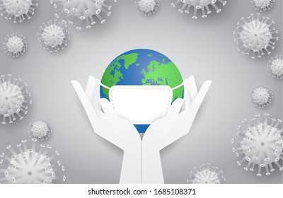 human two hand with white glove holding world on grey background.save nature, Ecology and Earth day concept.mask.Vector illustration,covid-19,corona,virus
