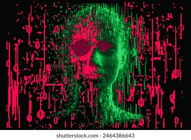 A human two-colored skull emerging out of red glitch noise. A vector illustration tackling an issue of the relations between technology and human body.