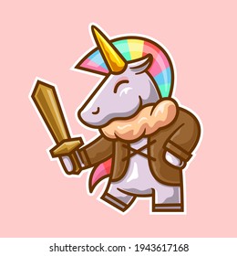 human unicorn character with wooden sword cartoon illustration