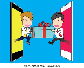 human in uniform take out from a smart phone receive smile from another man off out phone. Vector illustration flat style.