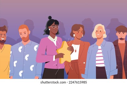 Human uniqueness concept. Men and women with star in their hands. Attention to talents in people, creative personalities. Tolerance and respect, authenticity. Cartoon flat vector illustration