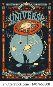 Human and Universe. Father and son. Meaning of life of mankind, bright future. Sci-fi ornamental print, t-shirt design 