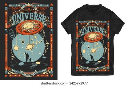 Human and Universe. Father and son. Meaning of life of mankind, bright future. Sci-fi print for t-shirts and another, trendy apparel design 