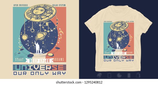 Human and universe. Print for t-shirts and another, trendy apparel design. Symbol solar system, science, religion, astrology, astronomy. Boundless Universe, planets and stars 