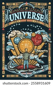 Human and Universe. Sci-fi ornamental print, t-shirt design. Space illustration. Study of the solar system, galaxy