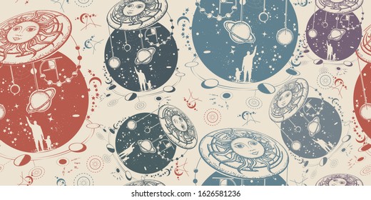 Human and Universe. Seamless pattern. Packing old paper, scrapbooking style. Vintage background. Medieval manuscript, engraving art. Symbol solar system, science, religion, astrology, astronomy 